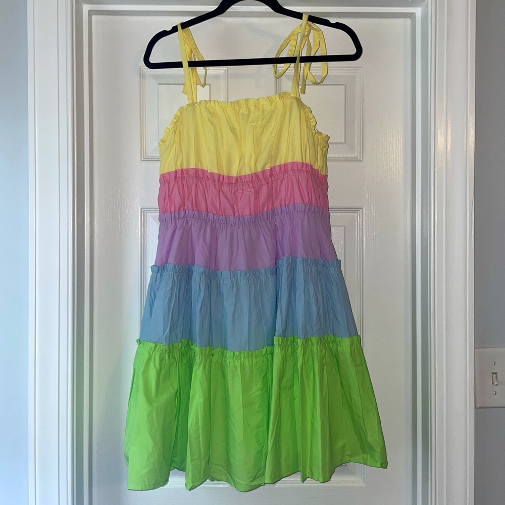 NWT Tiered Rainbow Ruffle Tie Shoulder Dress